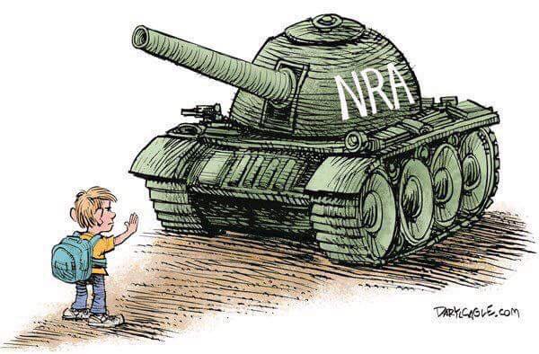 Green army tank with the letters NRA on the side, gun pointed toward young child with backpack, holding up hand and stopping tank.